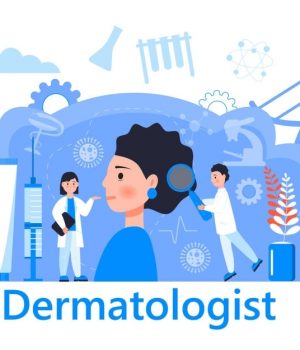 Dermatologist concept vector for medical websites and landing pages, blog. Disease of the skin and dermatological problems. Psoriasis, vitiligo, dermatitis, human rash.